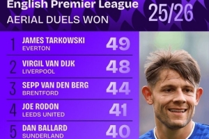 英超成功争顶榜：范戴克第二，巴拉德、德里赫特、加布里埃尔在列